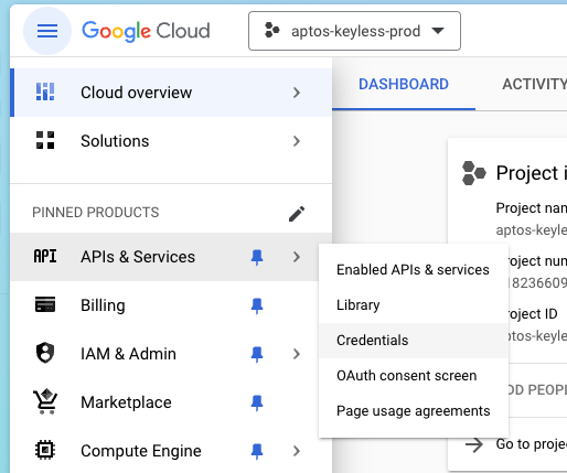 Google Credentials navigation screenshot Google Credentials navigation screenshot